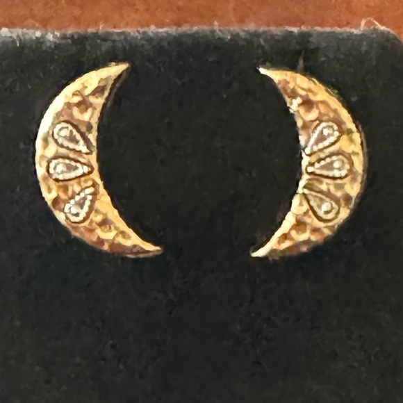 Hammered Moon Shaped Earrings, Celestial Gold tone Stud Earrings - Picture 6 of 6